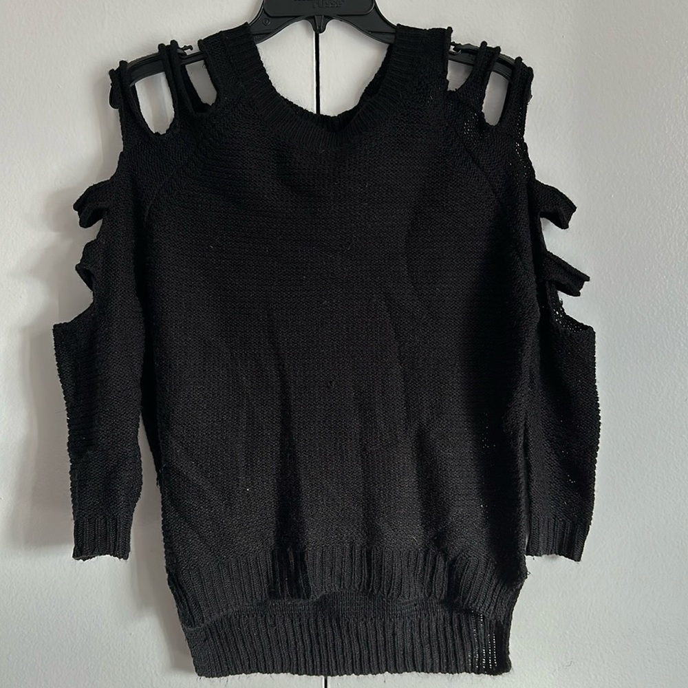 SZ S, Cold Shoulder Black Knit Sweater, High-Low Design